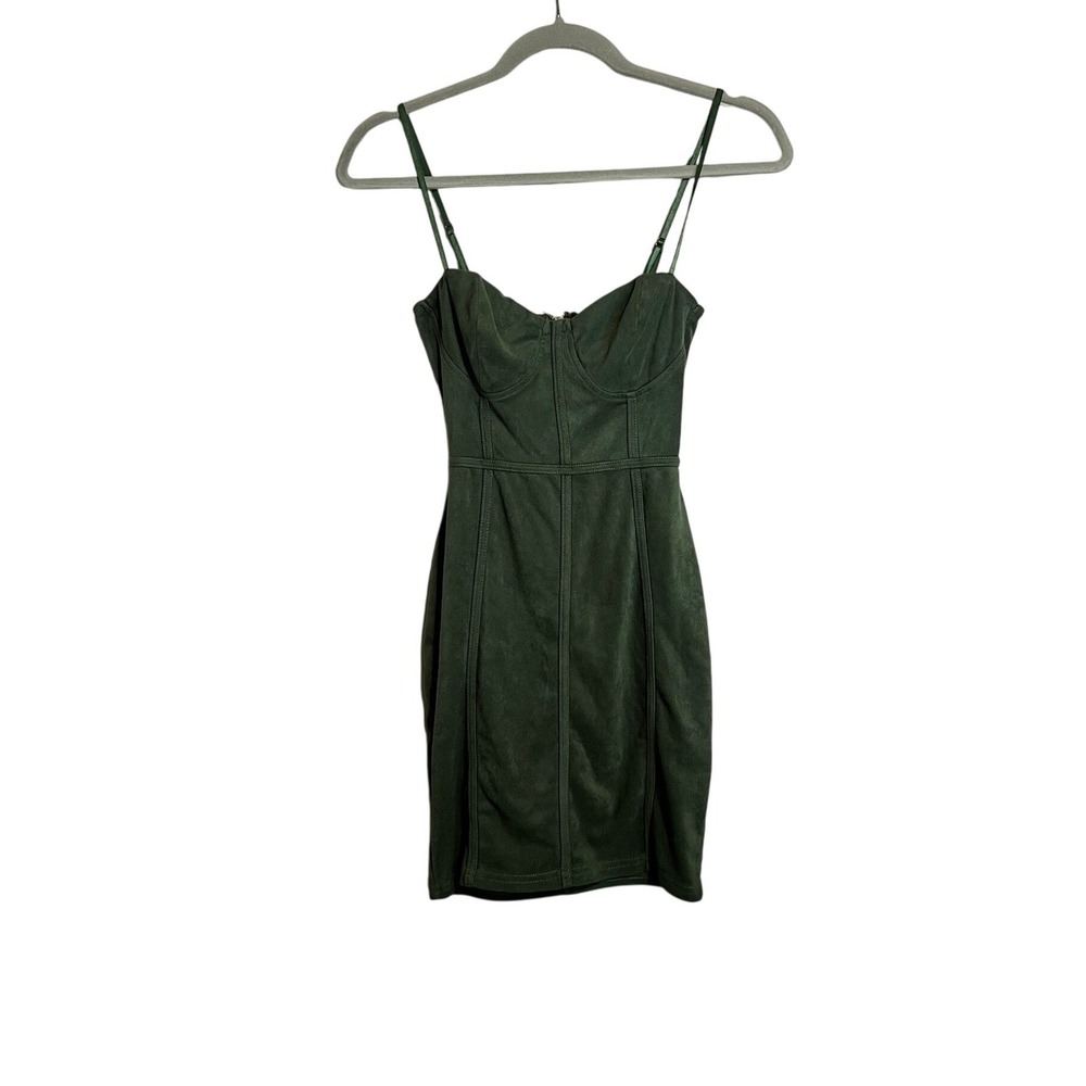 Olive Green Faux Suede Corset Mini Dress Bodycon Spaghetti‎ Strap S